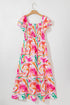 Pink Abstract Print Ruffled Sleeve Smocked Bust Maxi Dress